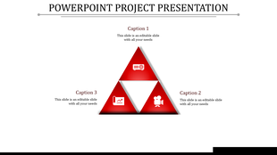 Red triangular infographic with three sections labeled Caption 3, featuring icons and text.