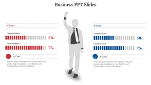 Slide featuring red and blue content bars for two cases A and B, alongside a central gray silhouette figure.