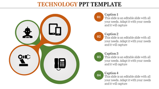 Technology template with overlapping orange and green circles containing icons from robotics to communication.