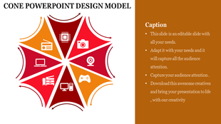 Cone shaped infographic divided into red and orange triangular segments with various technology icons.