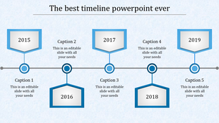 Timeline design featuring five blue pentagonal shapes for 2015 to 2019, with captions and connecting circles.