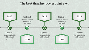 A timeline slide showcasing the years 2015, 2016, 2017, 2018, and 2019, with captions for each year.