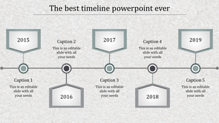 Grey timeline PPT template with five stages from 2015 to 2019, each with a caption and year.