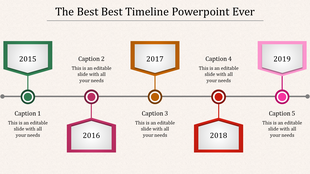 Colorful timeline with pentagonal markers in green, purple, orange, red, and pink for milestones, with captions.