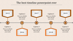 Five step timeline with orange colored hexagons and with five caption areas placed in beige background.