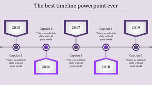 Five step timeline with purple pentagons marking years and captions aligned under each milestone.