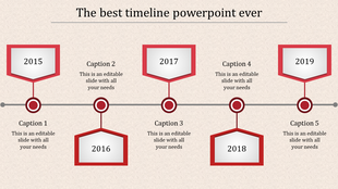 Red timeline PPT template with five stages from 2015 to 2019, each with a caption and year with placeholder text.