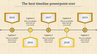 Yellow hexagon timeline showing years 2015 to 2019 with captions areas placed in a beige background.