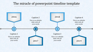 Hexagonal timeline in blue theme showing years from 2016 to 2019 each with caption areas placed in a bright background.
