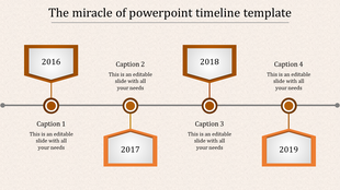 Horizontal timeline in orange theme with hexagons and captions areas showing years for 2016 to 2019.