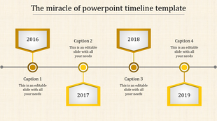 Horizontal timeline with yellow hexagons labeled 2016 to 2019 each with a caption areas placed in a beige background.