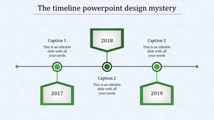 Green hexagon timeline showing 2017, 2018, and 2019 with captions areas placed in a white background.
