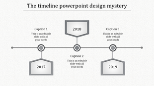 Gray themed timeline featuring three milestones with circular markers and hexagonal labels for each year.