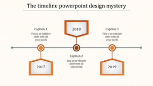 Orange hexagon timeline showing years 2017, 2018, and 2019 with captions areas placed in a white background.