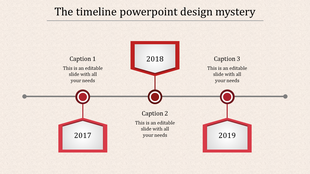 Timeline design slide featuring red milestones for 2017, 2018, and 2019 with custom captions.