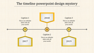 Yellow timeline with hexagons for years 2017, 2018, and 2019 with captions areas placed in a white background.