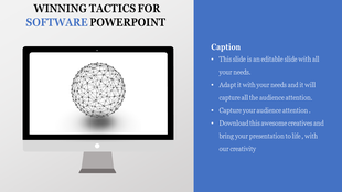 Monitor displaying a spherical mesh structure, accompanied by a blue text box for software-related content.