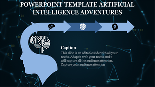 Blue head silhouette with a digital brain and an arrow path above with three icons, set on a dark network background.