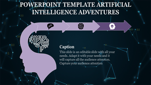 Slide shows an arrow with icons representing the brain, gears, and lightbulb, symbolizing an artificial intelligence journey.