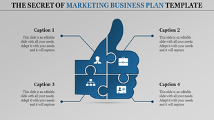 Marketing slide featuring a blue thumbs-up icon split into four sections, each with white icons and connected captions.