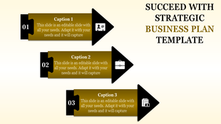 Strategic business plan slide with numbered arrows and icons representing communication, business, and company management.