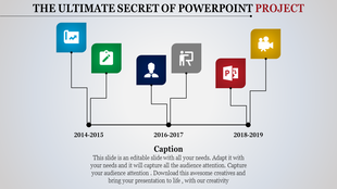 PowerPoint template with a timeline spanning 2014 to 2019, icons, and a text box labeled caption.
