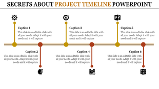 Project timeline PowerPoint template with six milestones and icons with captions.
