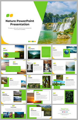 Multiple nature-related slides, including topics like rivers, waterfalls, and rainforests, with vibrant images and text.
