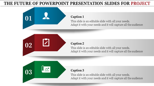 Three arrow shaped banners in blue, red, and green, labeled 01 to 03, with icons and captions on a sleek gray background.