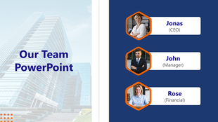 Professional team slide featuring hexagonal photo frames and role titles for three members against a blue and white layout.