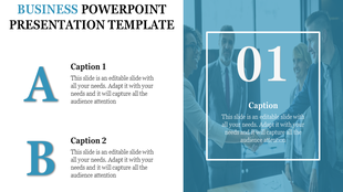 Business themed slide with editable captions labeled A and B, and a photo of a group meeting in a framed layout.