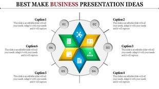 3D hexagonal star infographic with six colored sections containing icons for business planning and communication.