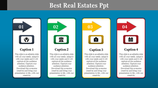 Four vertical cards in blue, green, yellow, and red with arrows, icons, and captions on a blue gradient background.