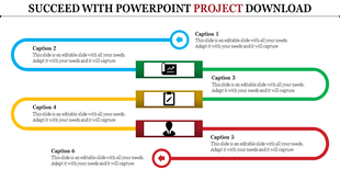 PowerPoint project slide with six captions connected by colorful linear arrows and icons for tasks and roles.