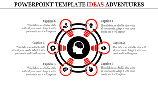 Infographic slide with a black and red circle, a brain icon, and six segments for teamwork, innovation, and ideas.
