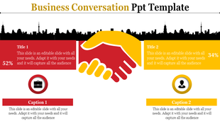 Business conversation PowerPoint slide featuring handshake graphics, titles with percentages, and text sections.