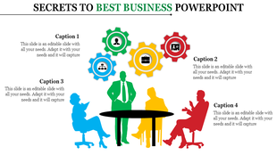 Business meeting illustration with four color-coded silhouettes around a table and four gear icons featuring  symbols above.