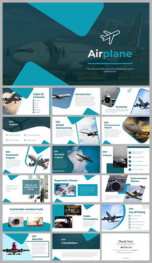 Airplane PowerPoint featuring modern slides with content covering various aspects of airplanes, including their impacts.