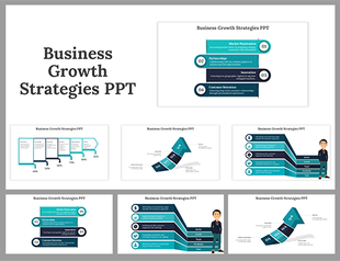 Business growth strategies PowerPoint slides with different layouts, including flow charts and diagrams for growth tactics.