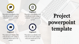 Project slide featuring four circular icons: presentation, editing tool, chart, and user silhouette.