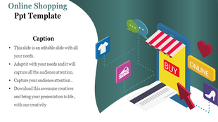 A dynamic online shopping template with a smartphone and colourful retail icons, and four caption areas.