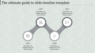 Timeline PowerPoint template with years 2016 to 2019, featuring various icons for each year with placeholder text.
