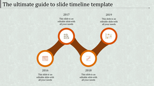Four orange circular icons aligned in a curving path, representing years 2016 to 2019 on a light textured background.
