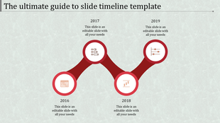 Four red connected circular nodes forming a wavy timeline with icons and text on a textured gray background.