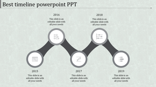 Monochrome timeline with circular milestones for years 2015 to 2019, linked by curving connectors.