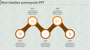 PowerPoint timeline slide with years 2015 to 2019, each year marked with icons representing different milestones.