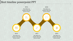 PowerPoint timeline slide with years 2015 to 2019, each year marked with icons representing different yellow milestones.