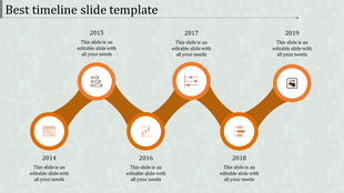 Orange timeline PowerPoint slide with years 2014 to 2019, each year linked with icons representing different topics.