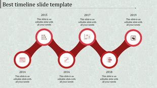 Timeline slide with six connected red circular nodes and icons, showing yearly progress over a light textured background.