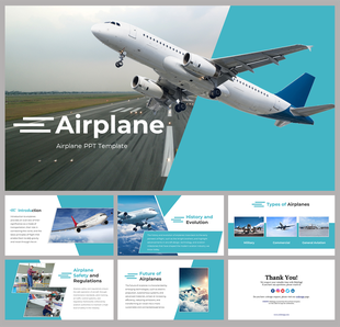 Slide deck on airplanes with blue theme, showing various aircraft types, safety regulations, and industry evolution.